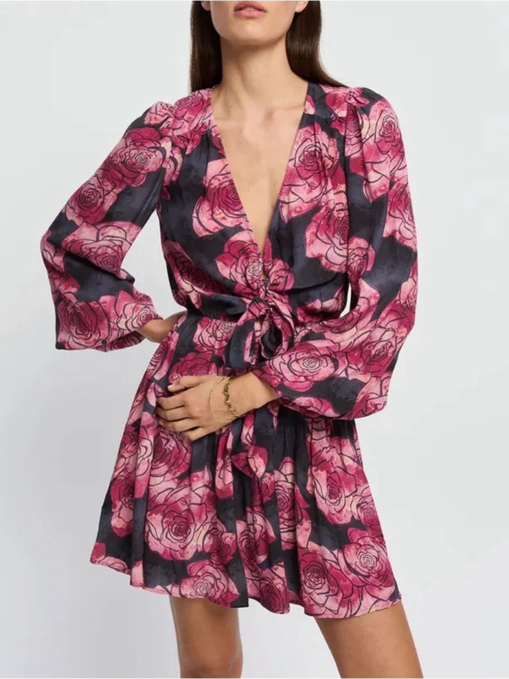 Kivari Floral Deep V Tie-Front Mini Dress 👗 Size 12